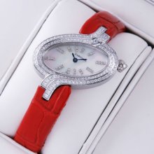 Delices de Cartier diamond steel womens watch white mother of pearl dial leather strap